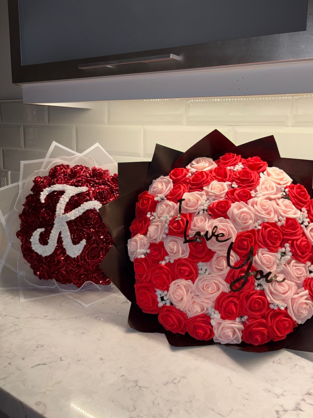 "I love you" eternal rose bouquet in red and blush
