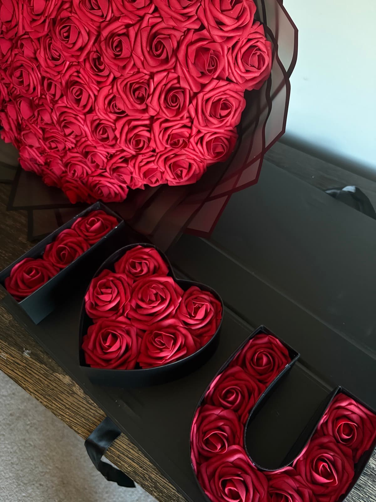 Red satin roses with heart and letter boxes